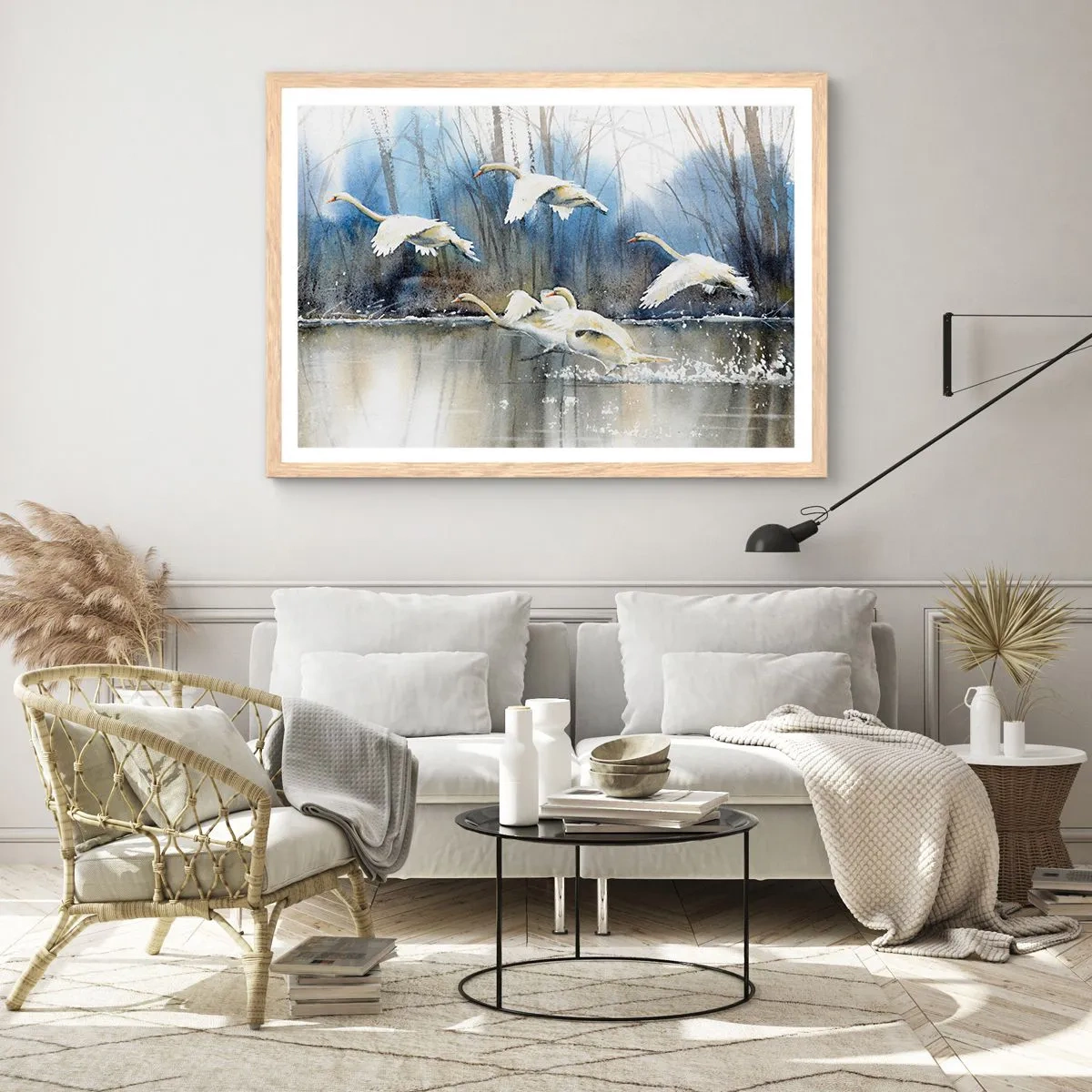 Affiche dans un chêne clair - Poster - Comme dans un conte de fées sur les cygnes sauvages - 100x70 cm