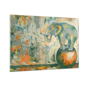 Impression sur verre - Image sur verre - Éléphant abstrait en équilibre sur une balle - 100x70cm - Que vive le cirque ! - Décoration murale moderne pour le salon et la chambre ARTTOR