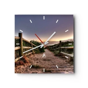 Horloge murale - Pendule murale - Chemin en bois dans les dunes menant à la plage au coucher du soleil - 30x30cm - On voit déjà le but - Décoration murale moderne pour le salon et la chambre ARTTOR