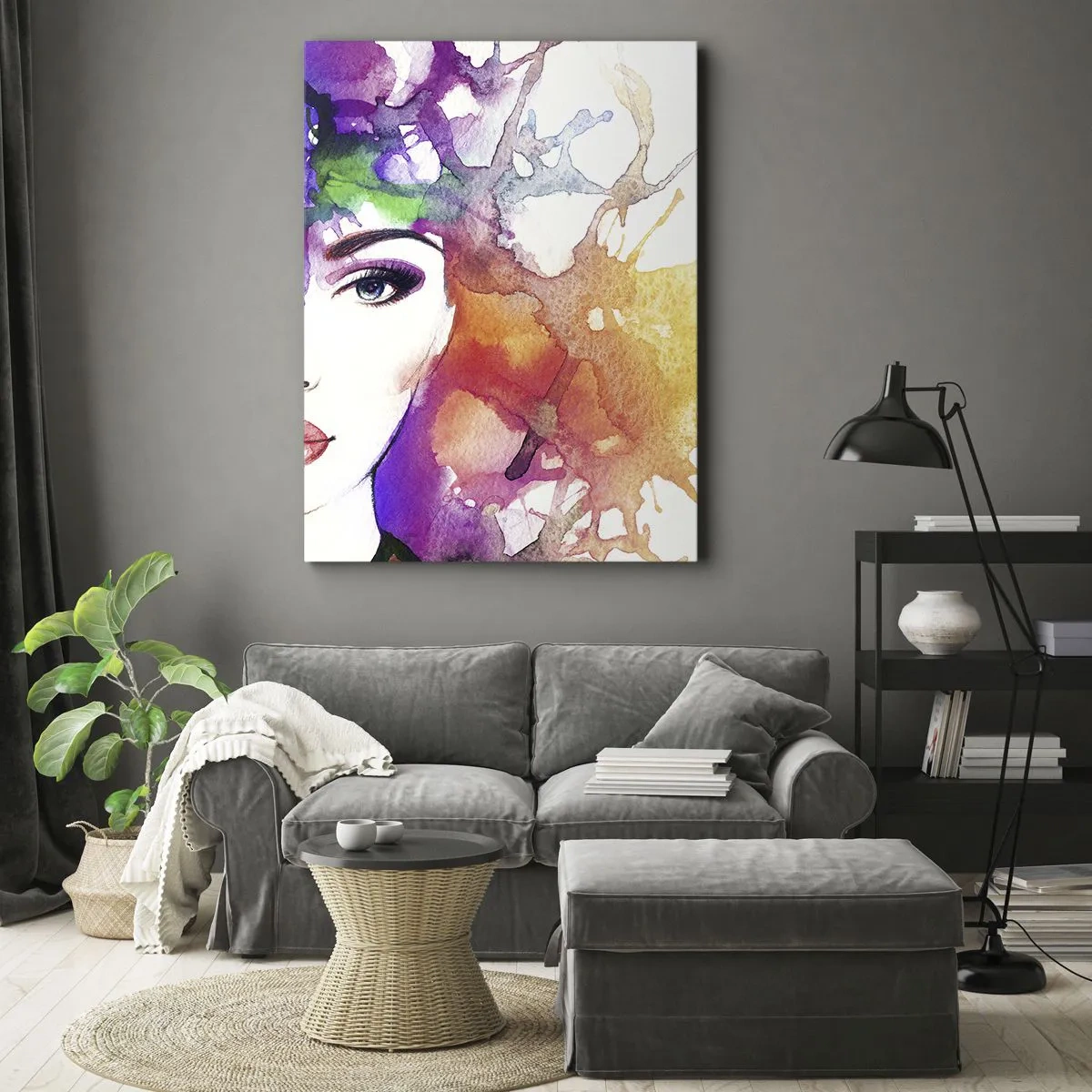 Impression sur toile - Image sur toile - Portrait d'une femme aux couleurs aquarelles avec des taches abstraites - 70x100cm - Avec la tête dans les nuages - Décoration murale moderne pour le salon et la chambre ARTTOR