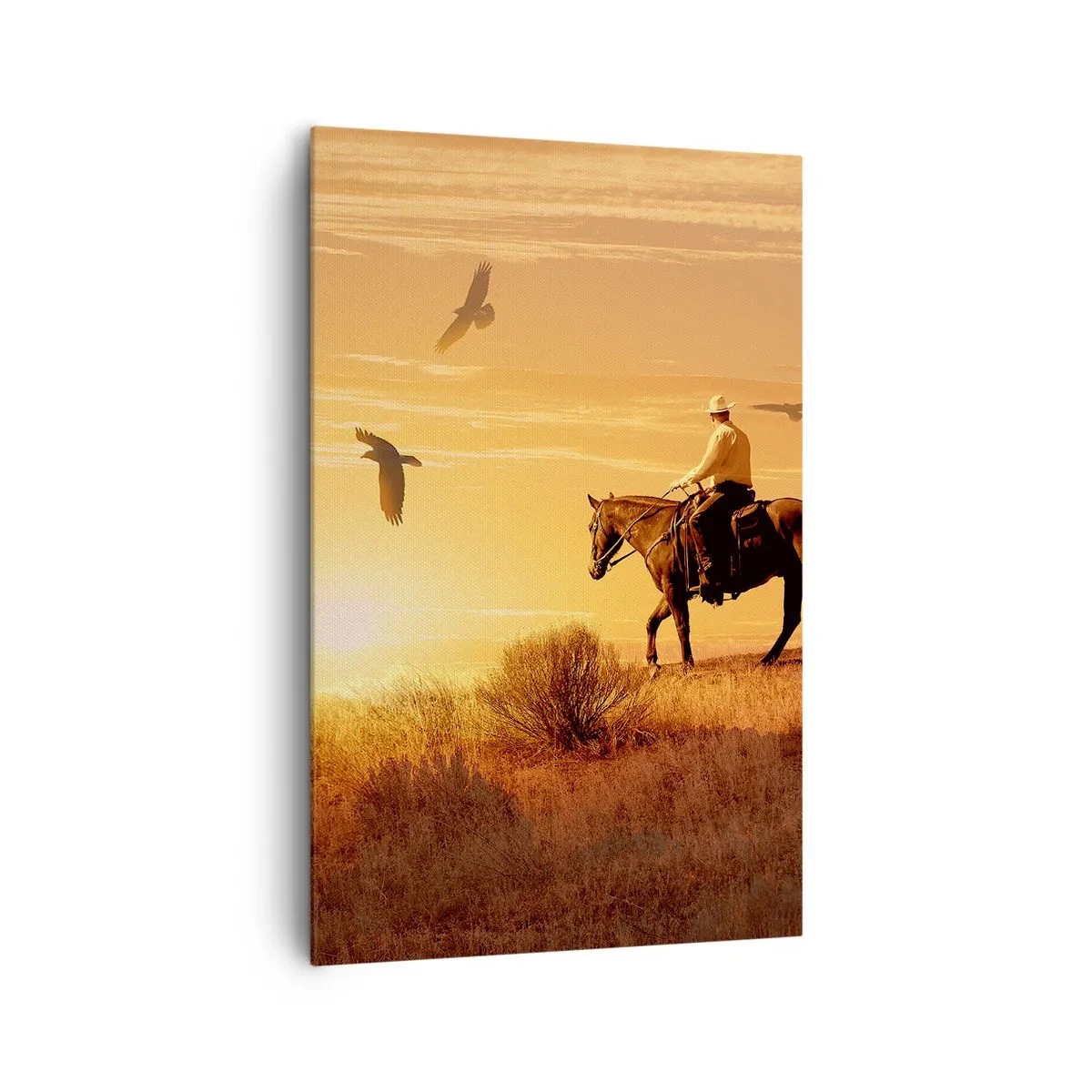 Impression sur toile - Image sur toile - Un cavalier sur un cheval au coucher du soleil contre la prairie - 80x120cm - Seul à travers la prairie - Décoration murale moderne pour le salon et la chambre ARTTOR