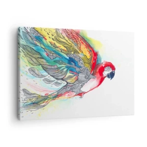 Impression sur toile - Image sur toile - Un perroquet coloré en vol avec des motifs abstraits sur ses ailes. - 70x50cm - Vivez haut en couleurs - Décoration murale moderne pour le salon et la chambre ARTTOR