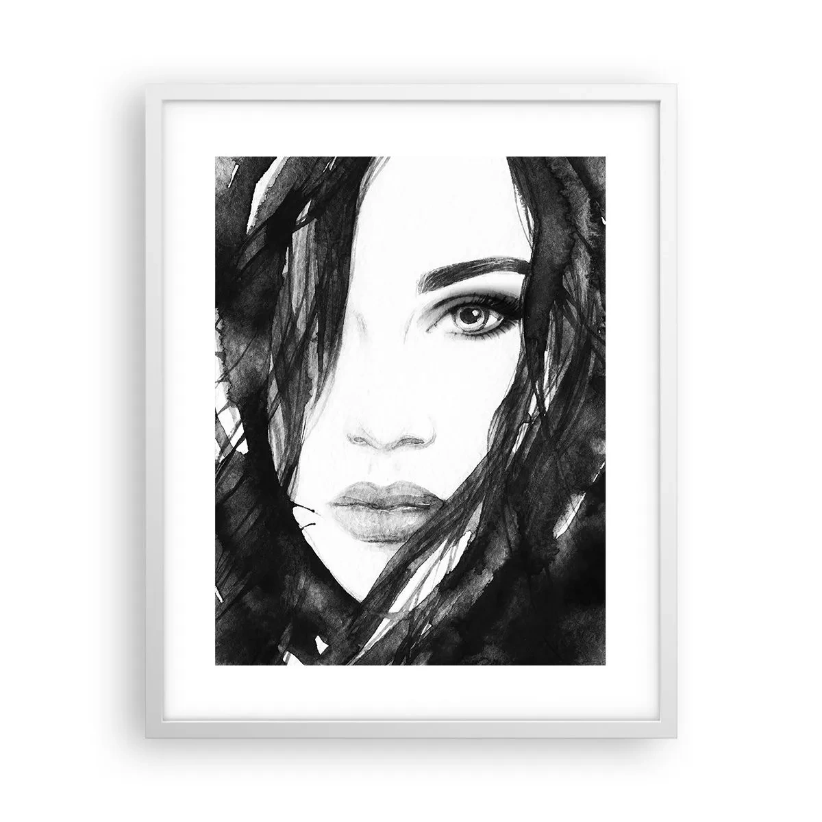 Affiche dans un cadre blanc - Poster - Portrait d'une dame en noir et blanc - 40x50 cm