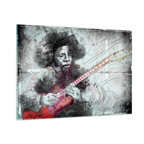 Impression sur verre - Image sur verre - Portrait artistique d'un musicien avec une guitare électrique - 100x70cm - Sur les vagues de la musique - Décoration murale moderne pour le salon et la chambre ARTTOR
