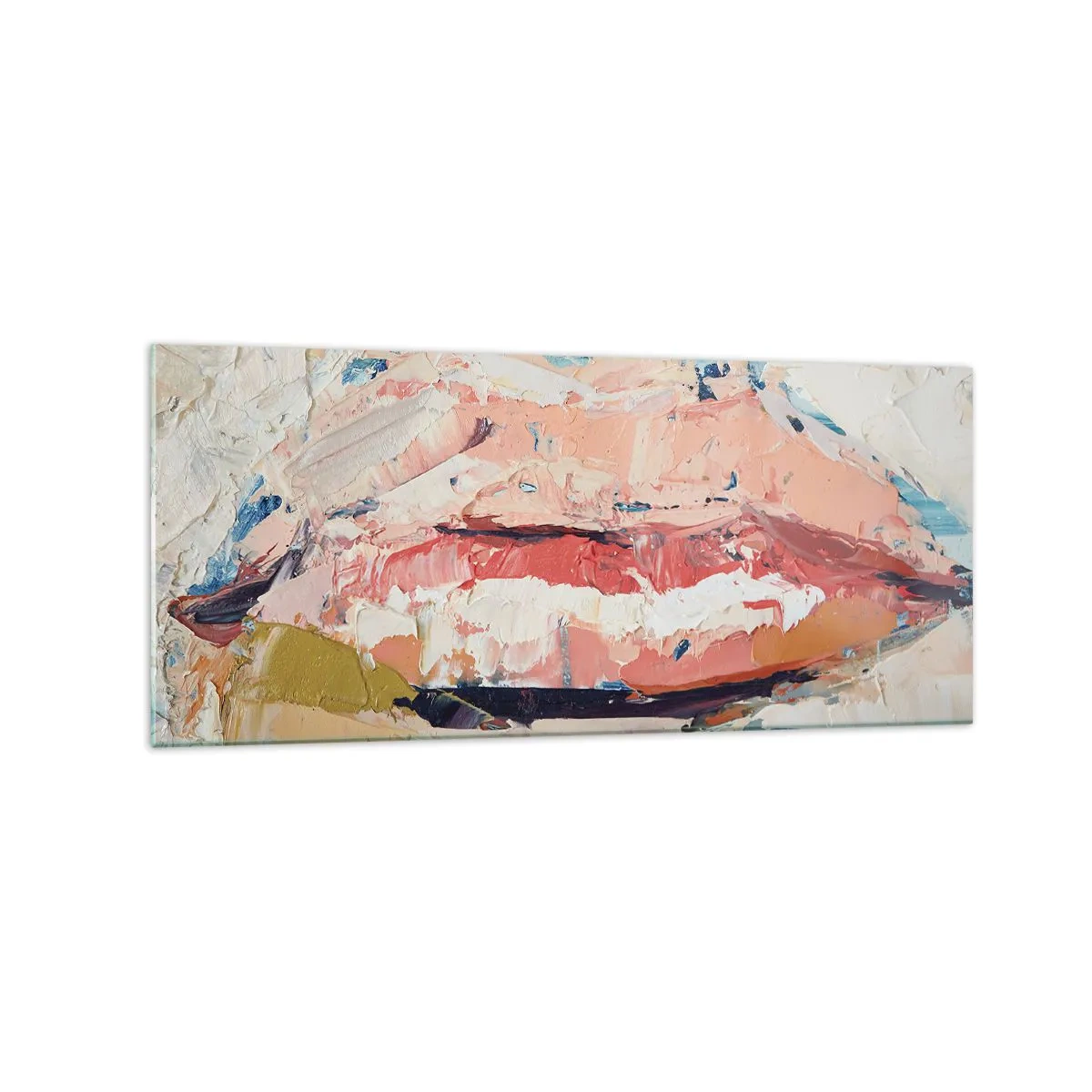 Impression sur verre - Image sur verre - Une composition abstraite représentant les lèvres d'une femme aux couleurs pastel. - 120x50cm - Éveil la pensée - Décoration murale moderne pour le salon et la chambre ARTTOR
