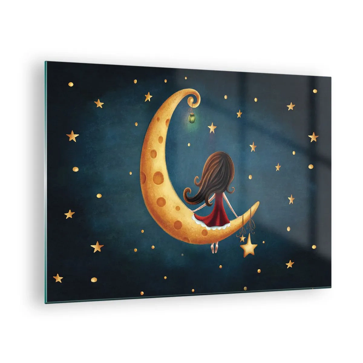 Impression sur verre - Image sur verre - Une fille sur la lune parmi les étoiles sur un fond bleu marine - 70x50cm - Il était une fois... - Décoration murale moderne pour le salon et la chambre ARTTOR