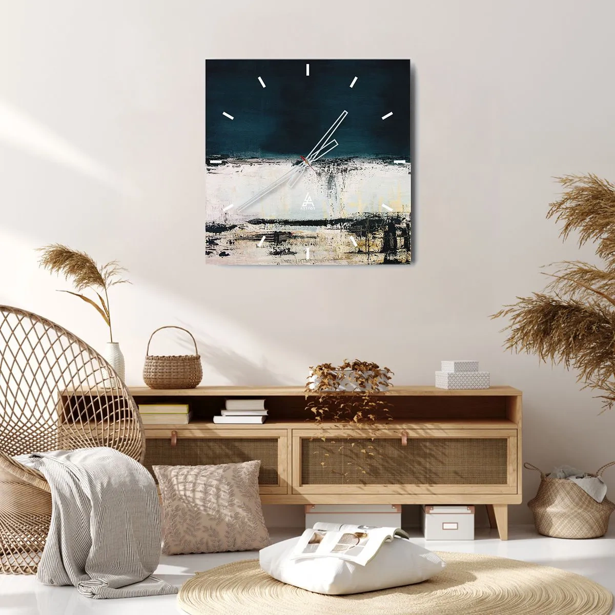 Horloge murale - Pendule murale - Composition horizontale abstraite dans les tons bleu marine et blanc - 30x30cm - Composition horizontale - Décoration murale moderne pour le salon et la chambre ARTTOR