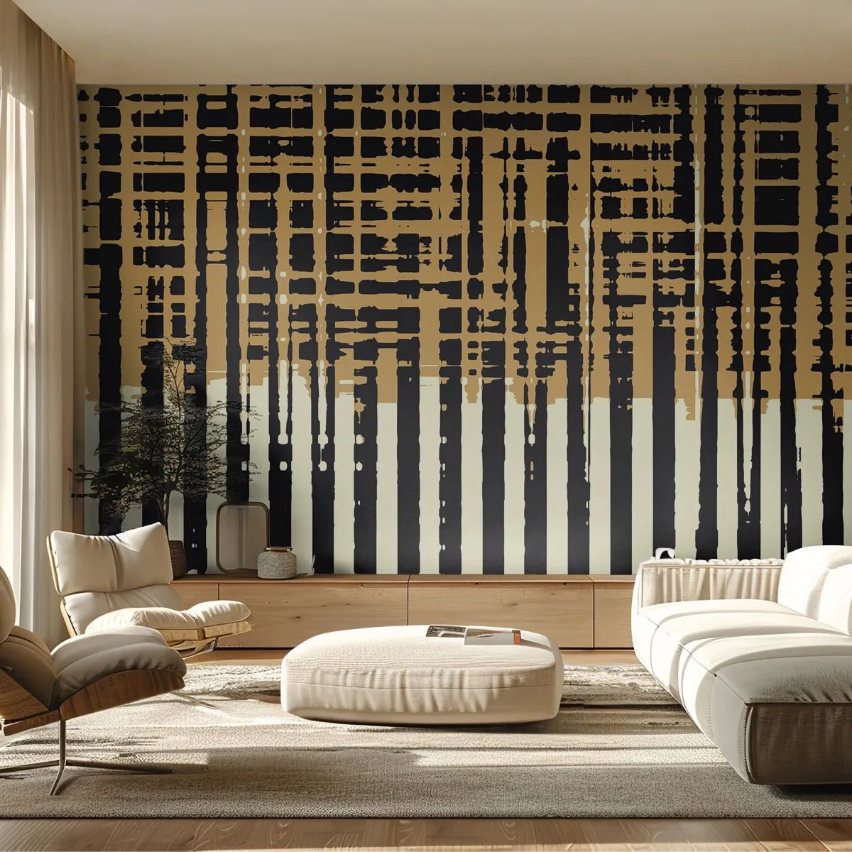 Papier Peint Photo Premium Sand - Abstraction géométrique avec des lignes verticales et horizontales dans les tons bruns. - 100x70cm - Abstraction architecturale - Décoration murale moderne pour le salon et la chambre ARTTOR