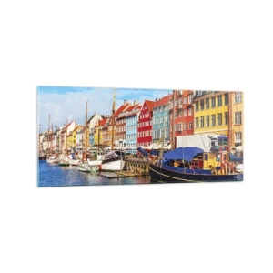 Impression sur verre - Image sur verre - Maisons colorées sur le canal avec des bateaux au soleil - 120x50cm - Quai joyeux - Décoration murale moderne pour le salon et la chambre ARTTOR