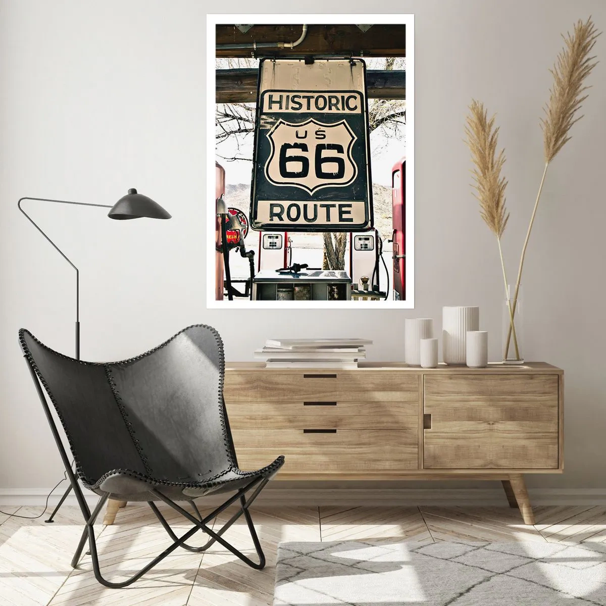 Affiche - Poster - Panneau Route 66 devant une station-service - 50x70cm - Voyage rétro américain - Décoration murale moderne pour le salon et la chambre ARTTOR