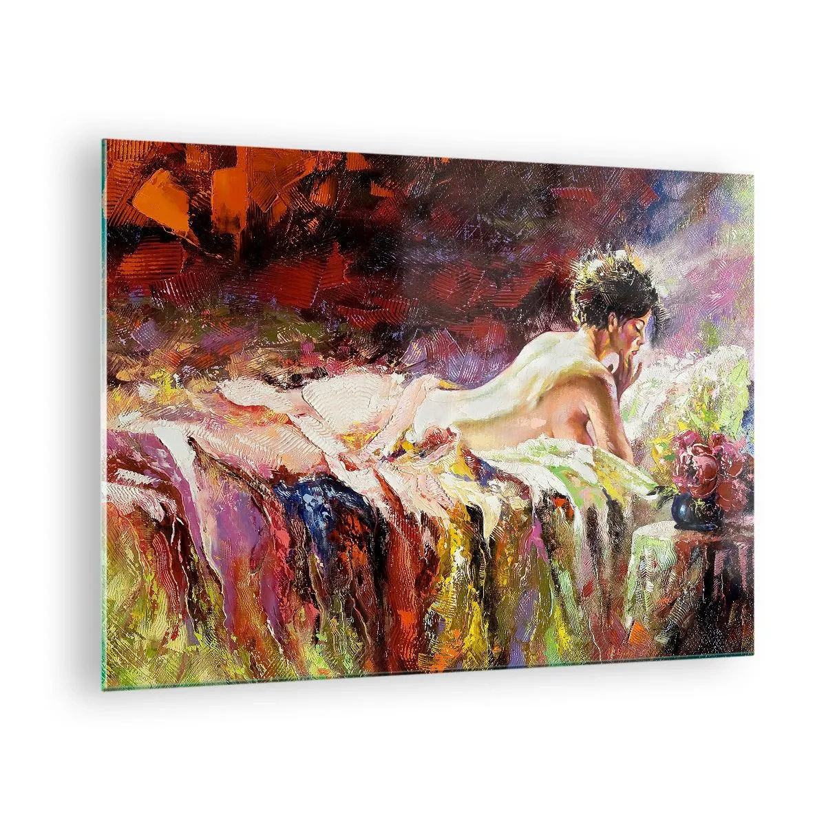 Impression sur verre - Image sur verre - Nu féminin impressionniste sur tissu coloré - 70x50cm - Vénus en pensée - Décoration murale moderne pour le salon et la chambre ARTTOR