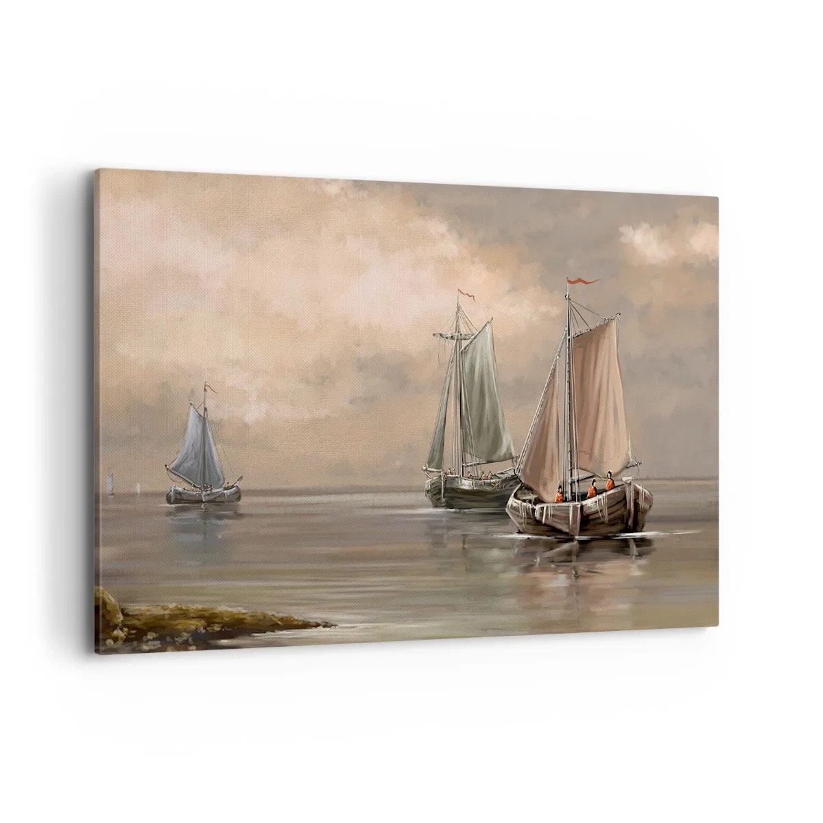 Impression sur toile - Image sur toile - Voiliers sur une mer calme dans un décor pastel - 100x70cm - Le retour des marins - Décoration murale moderne pour le salon et la chambre ARTTOR