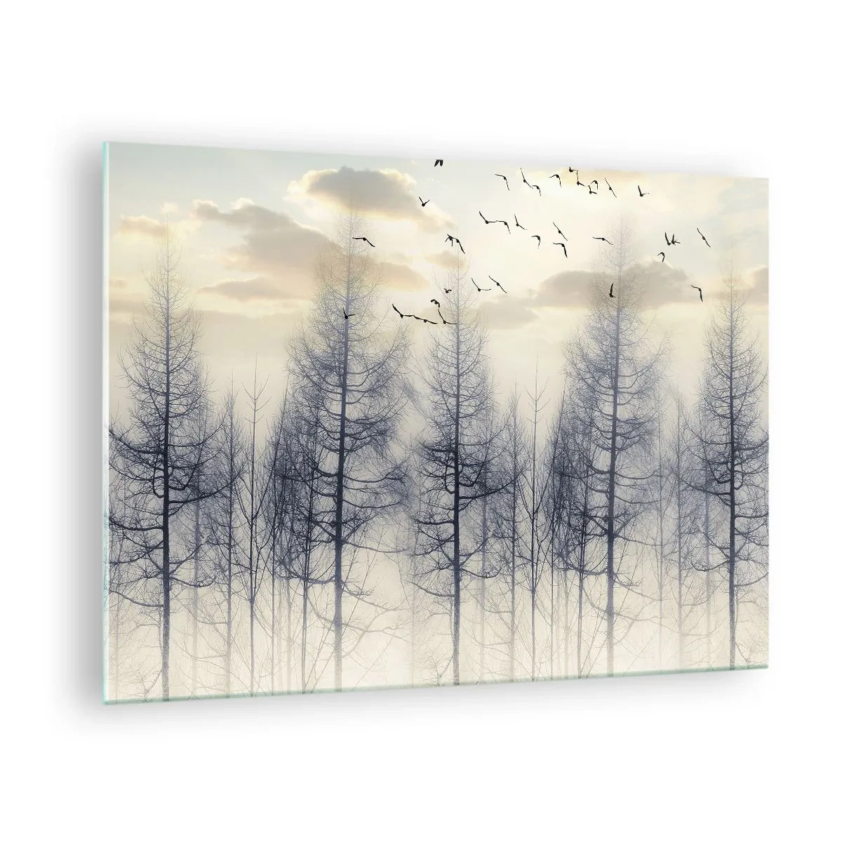 Impression sur verre - Image sur verre - Une forêt brumeuse avec des oiseaux, illuminée par le soleil levant - 70x50cm - L'âme de la forêt - Décoration murale moderne pour le salon et la chambre ARTTOR