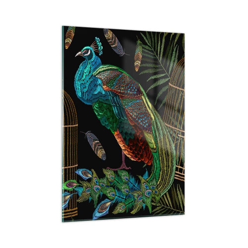 Impression sur verre - Image sur verre - Paons colorés et une cage sur fond noir - 50x70cm - En robes royales - Décoration murale moderne pour le salon et la chambre ARTTOR