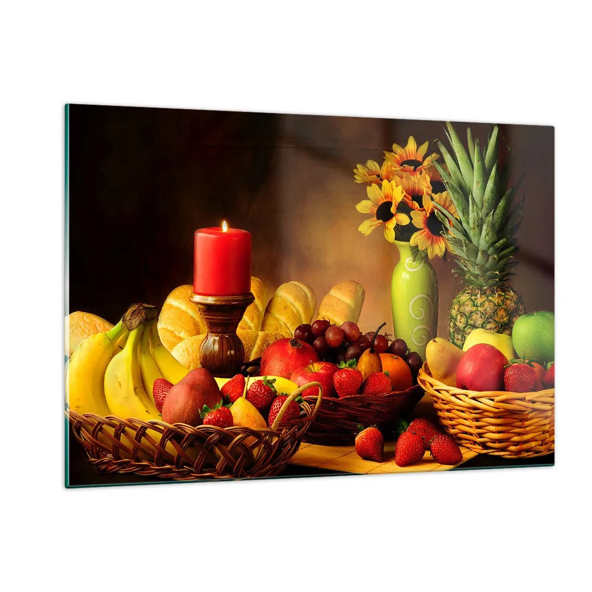 Impression sur verre - Image sur verre - Une composition de fruits, de pain et d'une bougie dans un style rustique - 120x80cm - Nature morte de pain et de fruits - Décoration murale moderne pour le salon et la chambre ARTTOR