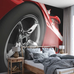 Papier Peint Photo Premium Sand - Gros plan sur les jantes chromées d'une voiture de sport rouge - 100x70cm - Conçu pour la vitesse - Décoration murale moderne pour le salon et la chambre ARTTOR