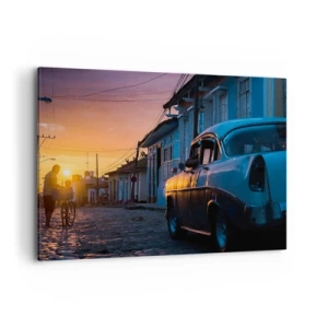 Impression sur toile - Image sur toile - Voiture et vélo rétro dans la rue à la lumière du soleil couchant - 100x70cm - Ici, le temps ralentit - Décoration murale moderne pour le salon et la chambre ARTTOR