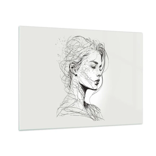 Impression sur verre - Image sur verre - Un croquis en noir et blanc d'une femme aux yeux fermés dans une ligne délicate. - 70x50cm - Portrait en pensée - Décoration murale moderne pour le salon et la chambre ARTTOR