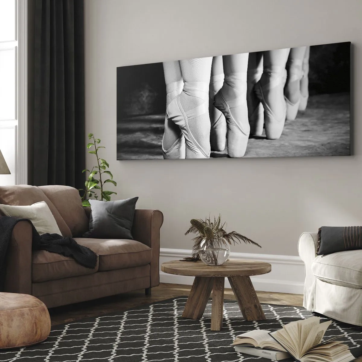 Impression sur toile - Image sur toile - Photo en noir et blanc des chaussures de ballet des danseurs - 140x50cm - Ensemble, simple - Décoration murale moderne pour le salon et la chambre ARTTOR