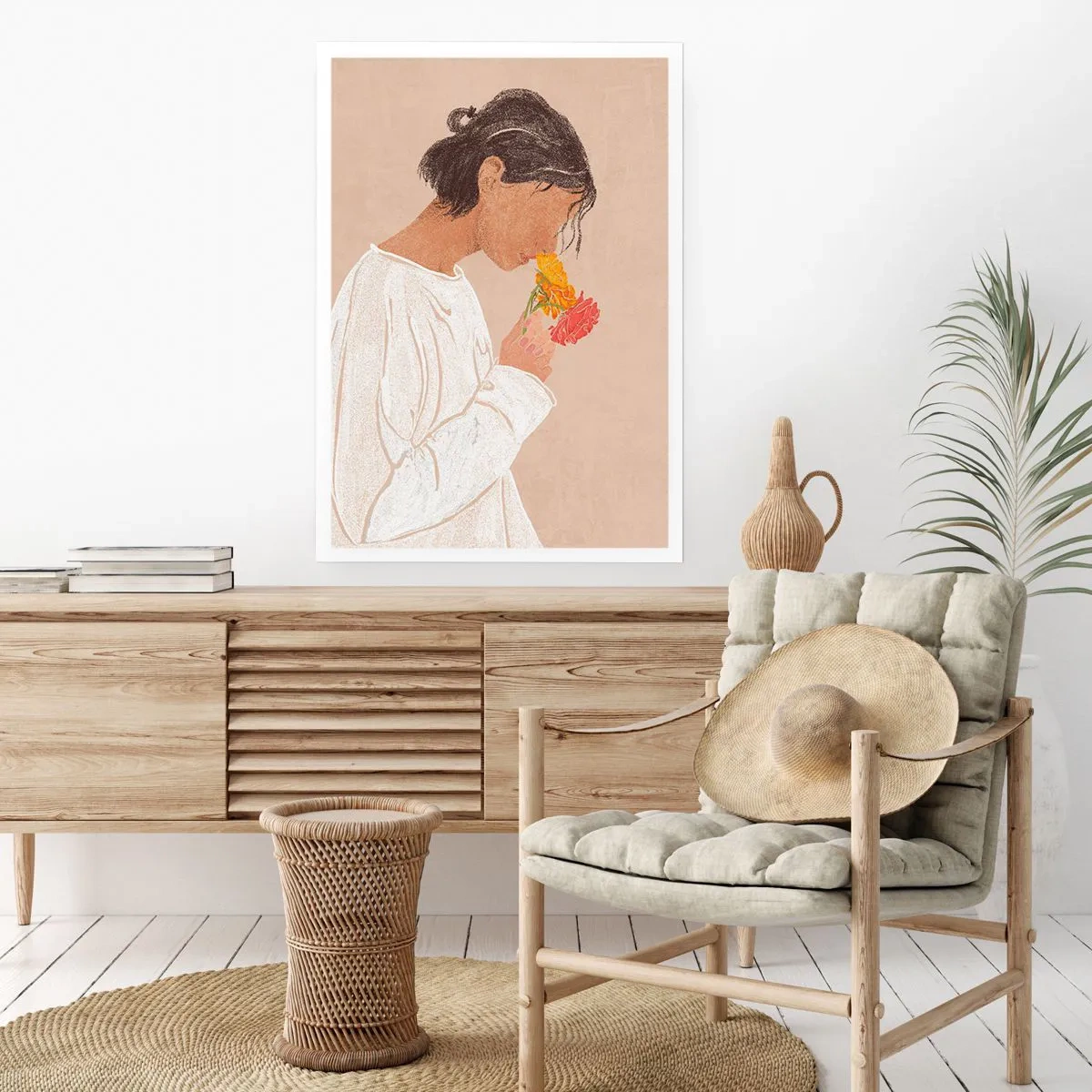 Affiche - Poster - Une femme en blanc réfléchissant sur des fleurs - 50x70cm - Fille et fleurs - Décoration murale moderne pour le salon et la chambre ARTTOR
