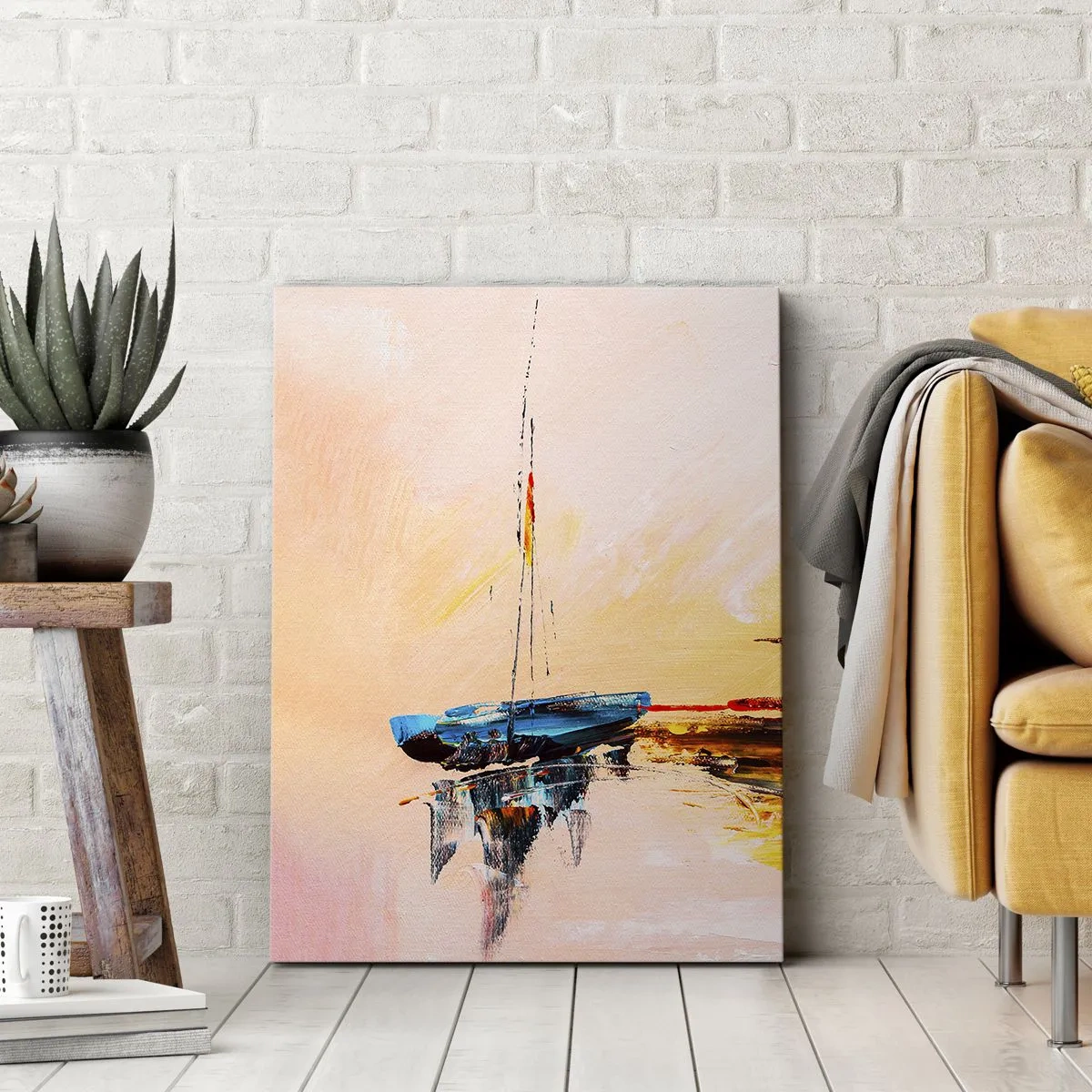 Impression sur toile - Image sur toile - Bateaux colorés sur une eau calme au coucher du soleil - 80x120cm - Soirée à la marina - Décoration murale moderne pour le salon et la chambre ARTTOR