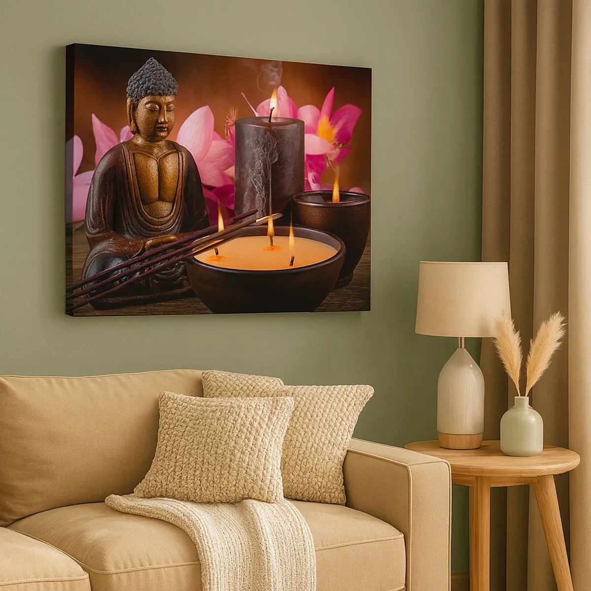 Impression sur toile - Image sur toile - Figurine de Bouddha avec bougies allumées et bâtons d'encens - 70x50cm - Vider l'esprit, calmer le corps - Décoration murale moderne pour le salon et la chambre ARTTOR