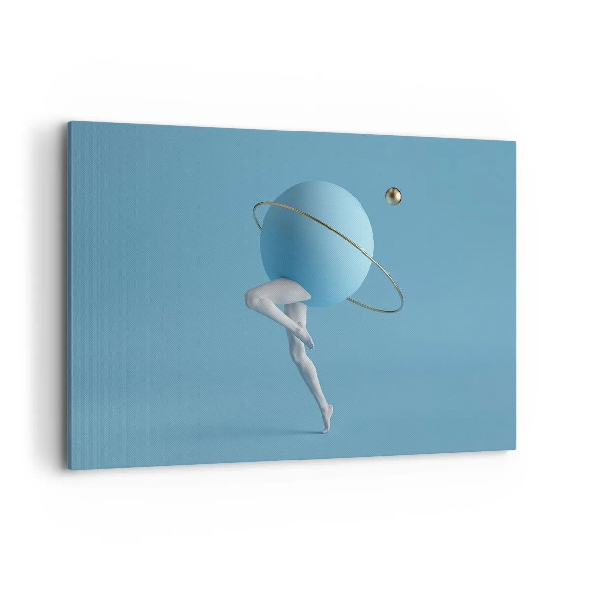 Impression sur toile - Image sur toile - Une sphère bleue avec une orbite et des jambes humaines contre le ciel - 120x80cm - Et les planètes deviennent folles - Décoration murale moderne pour le salon et la chambre ARTTOR
