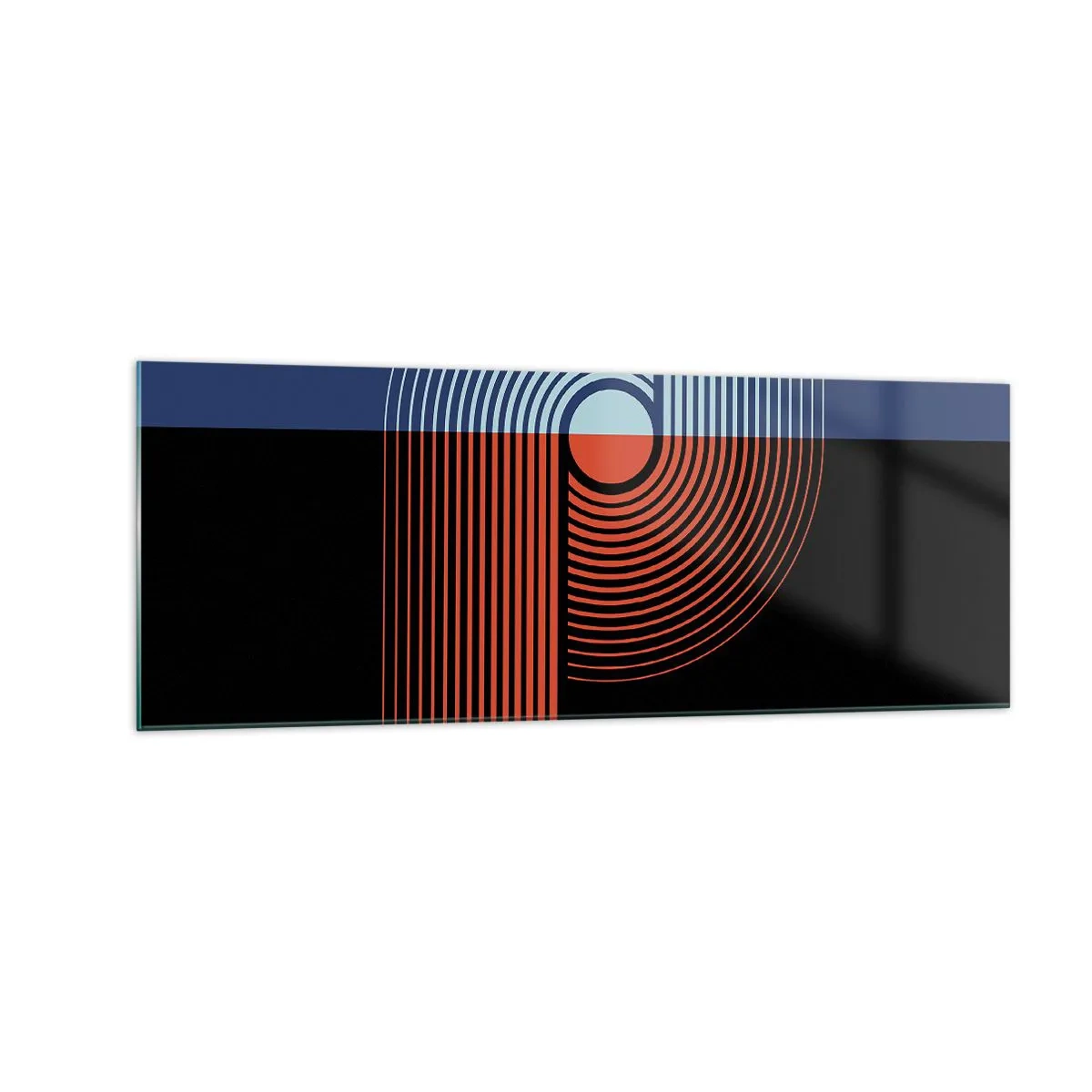 Impression sur verre - Image sur verre - Abstraction géométrique avec des lignes bleu marine et orange. - 140x50cm - Dans une étreinte géométrique - Décoration murale moderne pour le salon et la chambre ARTTOR