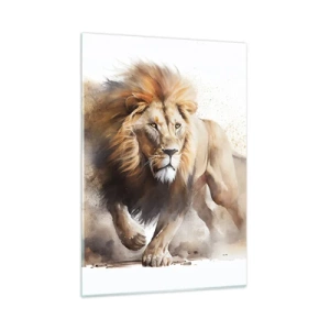 Impression sur verre - Image sur verre - Une photo dynamique de style aquarelle d'un lion en train de courir - 50x70cm - Le roi bougea - Décoration murale moderne pour le salon et la chambre ARTTOR