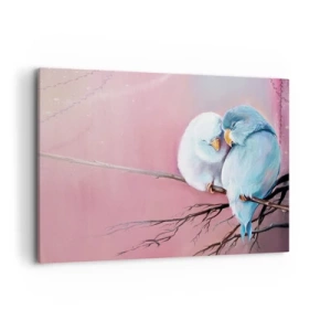 Impression sur toile - Image sur toile - Deux oiseaux amoureux sur une branche sur fond rose - 120x80cm - Que dire de plus?... - Décoration murale moderne pour le salon et la chambre ARTTOR