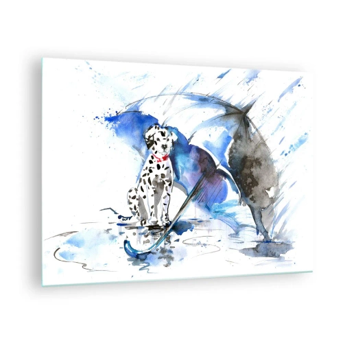 Impression sur verre - Image sur verre - Dalmatien avec un parapluie dans un décor pluvieux - 70x50cm - C'est à ça que sert un ami - Décoration murale moderne pour le salon et la chambre ARTTOR