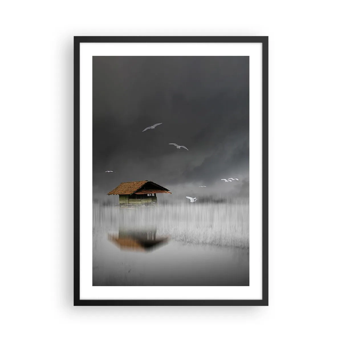 Affiche dans un cadre noir - Poster - Une péniche entourée de brouillard avec des oiseaux sur un fond sombre - 50x70cm - A l'abri de la pluie - Décoration murale moderne pour le salon et la chambre ARTTOR