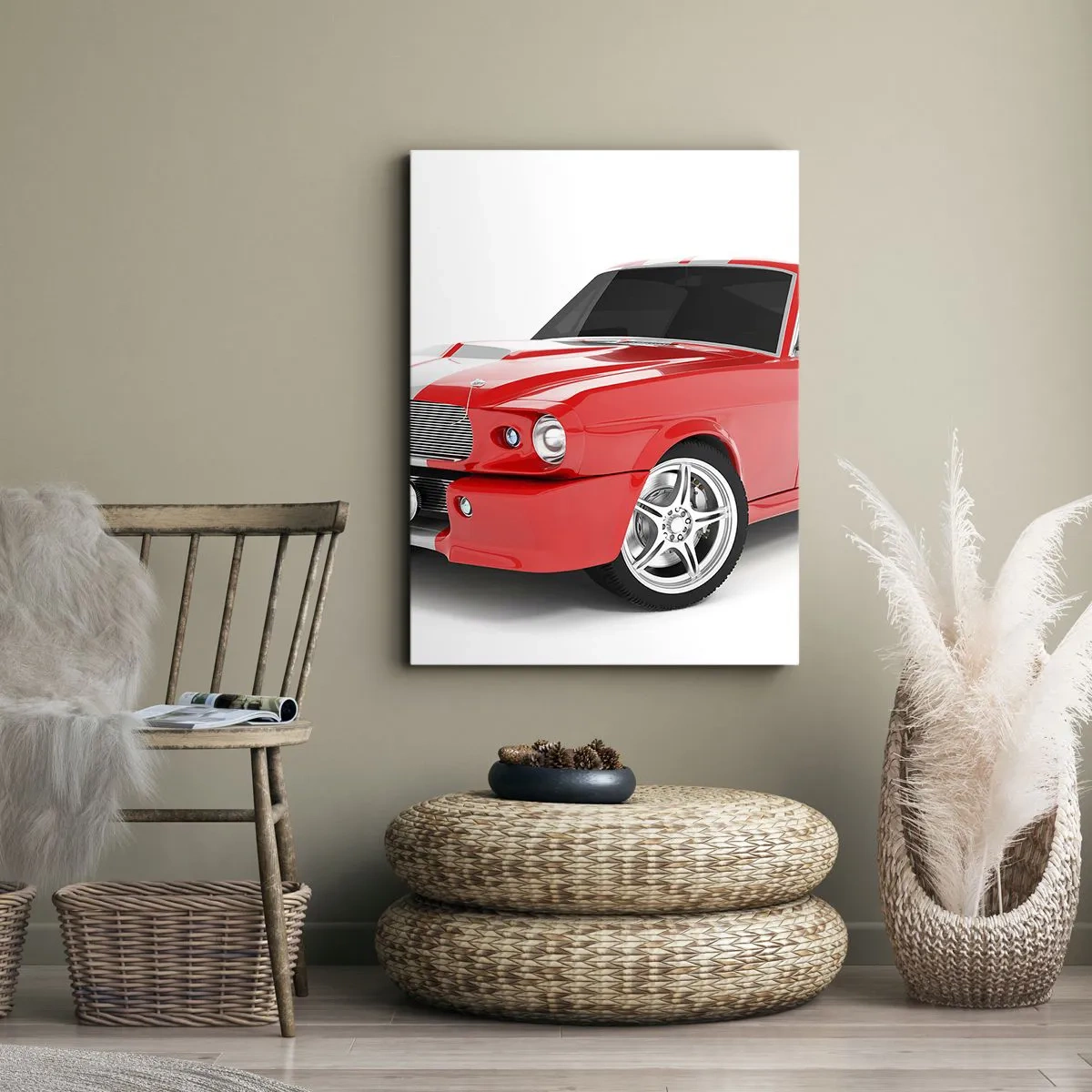 Impression sur toile - Image sur toile - Voiture de sport rouge à rayures blanches - 70x100cm - Une Mustang aussi rapide que le vent - Décoration murale moderne pour le salon et la chambre ARTTOR
