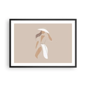 Affiche dans un cadre noir - Poster - Un dessin minimaliste d'une femme avec un chapeau sur fond beige. - 70x50cm - Lea mode est un jeu - Décoration murale moderne pour le salon et la chambre ARTTOR