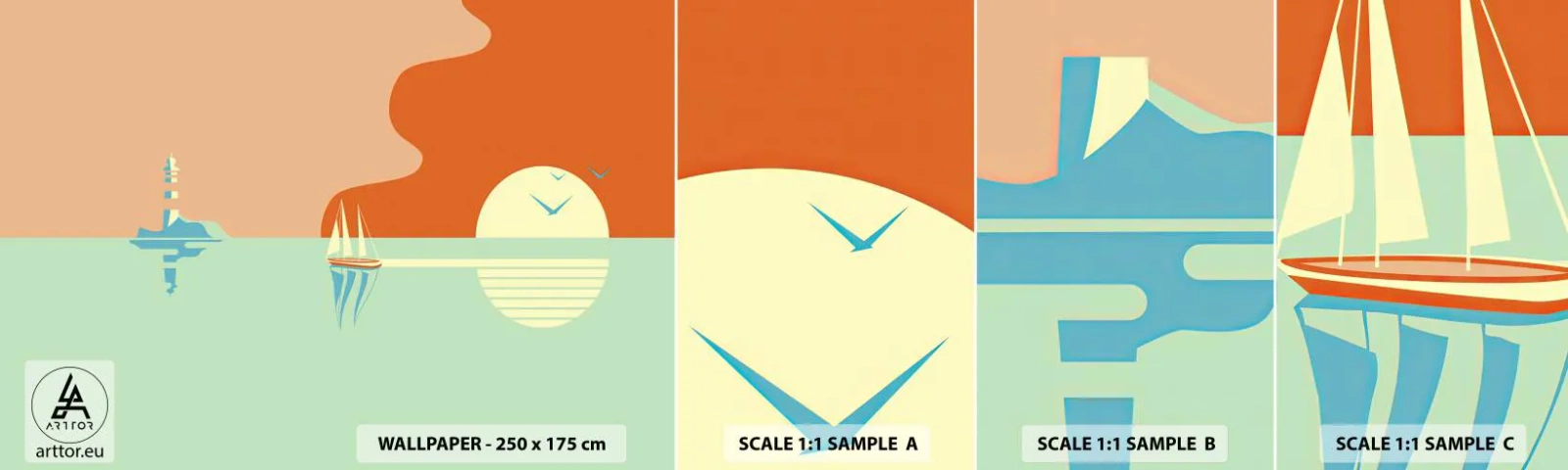 Échantillon de Papier Peint Autocollant Deluxe Sticker - Paysage idéal de la mer - Abstraction, Bateau à voile, Lanterne - 100x30 cm