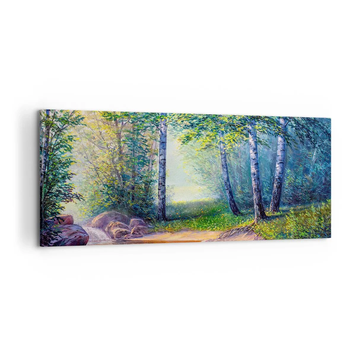 Impression sur toile - Image sur toile - Un ruisseau forestier entouré de bouleaux et de soleil - 120x50cm - Paysage idyllique - Décoration murale moderne pour le salon et la chambre ARTTOR