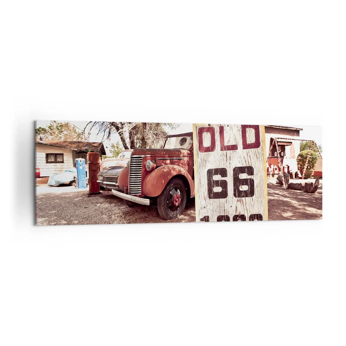 Impression sur toile - Image sur toile - Voiture rétro et panneau Route 66 dans un cadre rustique - 160x50cm - La légende de la province américaine - Décoration murale moderne pour le salon et la chambre ARTTOR
