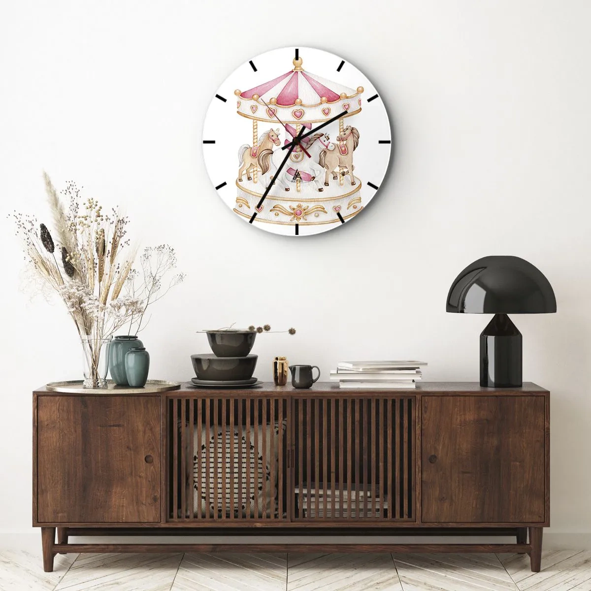 Horloge murale - Pendule murale - Carrousel rose et crème avec des chevaux sur fond blanc - 30x30cm - Le doux monde de l'enfance - Décoration murale moderne pour le salon, la cuisine et la chambre ARTTOR