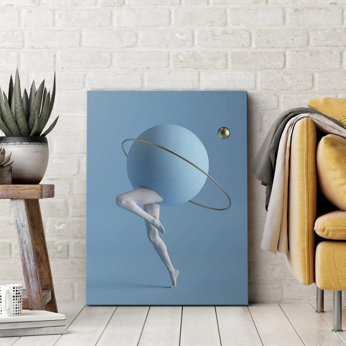 Impression sur toile - Image sur toile - Une sphère bleue avec une orbite et des jambes humaines contre le ciel - 50x70cm - Et les planètes deviennent folles - Décoration murale moderne pour le salon et la chambre ARTTOR