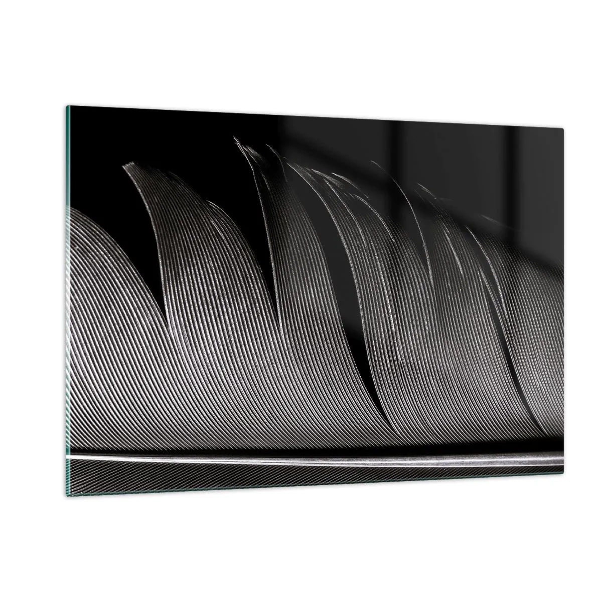 Impression sur verre - Image sur verre - Gros plan noir et blanc d'une plume présentée sous une lumière contrastée. - 120x80cm - La plume – un design magnifique - Décoration murale moderne pour le salon et la chambre ARTTOR