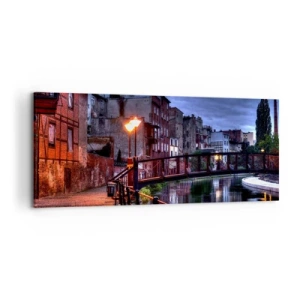 Impression sur toile - Image sur toile - Vue nocturne des immeubles d'habitation et du pont sur le canal - 120x50cm - Tu n'as pas connu ce Bydgoszcz - Décoration murale moderne pour le salon et la chambre ARTTOR
