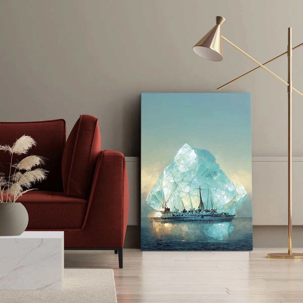Impression sur toile - Image sur toile - Un navire avec un iceberg majestueux en arrière-plan - 50x70cm - Diamant arctique - Décoration murale moderne pour le salon et la chambre ARTTOR