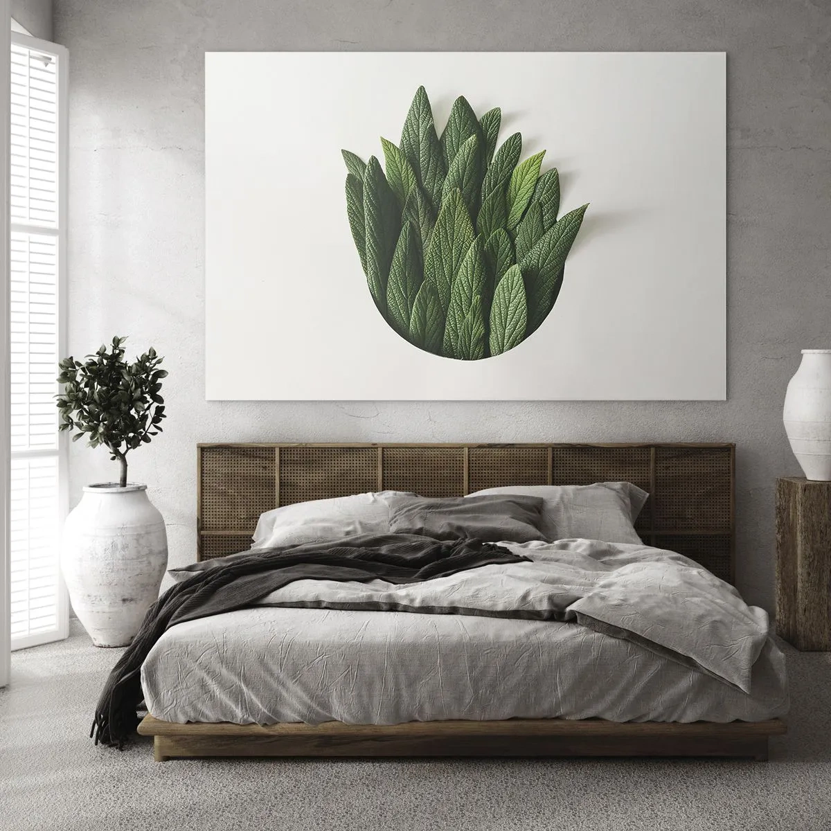 Impression sur verre - Image sur verre - Feuilles vertes disposées en forme de vase sur fond blanc - 70x50cm - Curiosité sans retenue - Décoration murale moderne pour le salon et la chambre ARTTOR