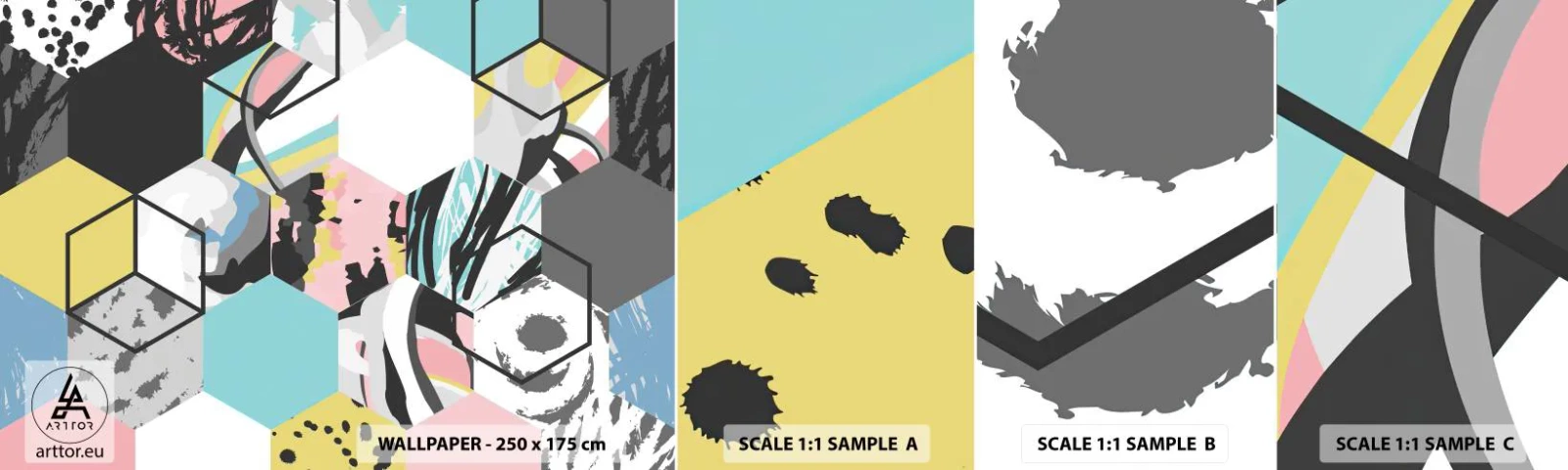 Échantillon de Papier Peint Autocollant Deluxe Sticker - Hexagones et cubes en six couleurs - Abstraction, Morceau, Modèle moderne - 100x30 cm