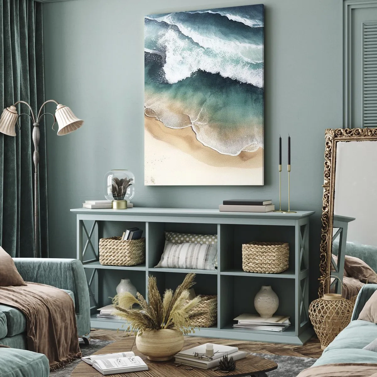 Impression sur toile - Image sur toile - Vue sur la plage et les vagues de la mer dans des tons turquoise - 50x70cm - La rencontre éternelle - Décoration murale moderne pour le salon et la chambre ARTTOR