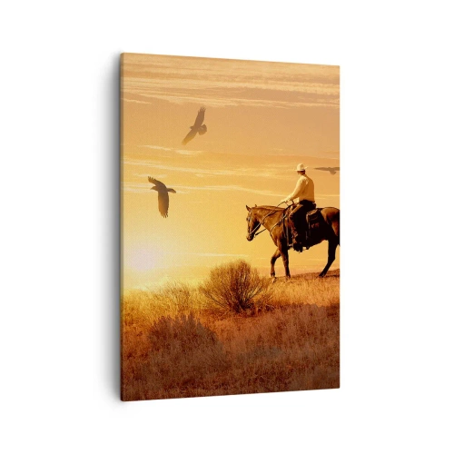 Impression sur toile - Image sur toile - Un cavalier sur un cheval au coucher du soleil contre la prairie - 50x70cm - Seul à travers la prairie - Décoration murale moderne pour le salon et la chambre ARTTOR