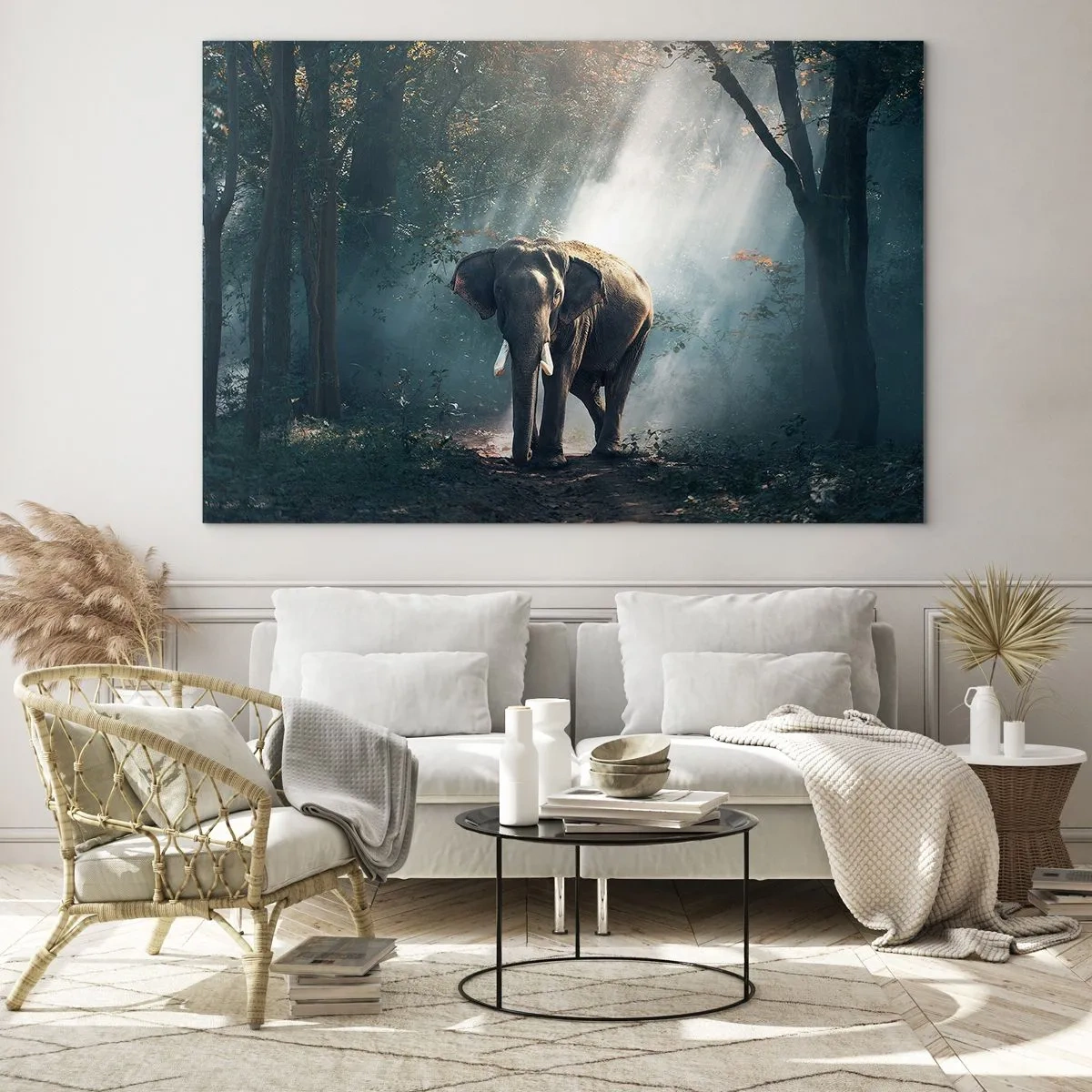 Impression sur verre - Image sur verre - Un éléphant marchant dans la forêt avec la lumière du soleil traversant les arbres. - 120x80cm - Une balade tranquille - Décoration murale moderne pour le salon et la chambre ARTTOR