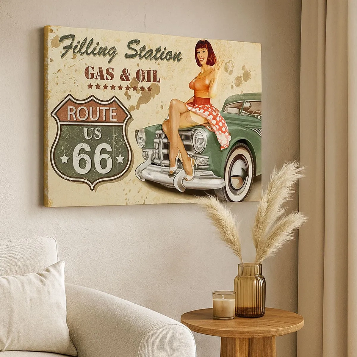 Impression sur toile - Image sur toile - Affiche rétro de la Route 66 avec une pin-up et une voiture - 70x50cm - Les superbes années 40. - Décoration murale moderne pour le salon et la chambre ARTTOR