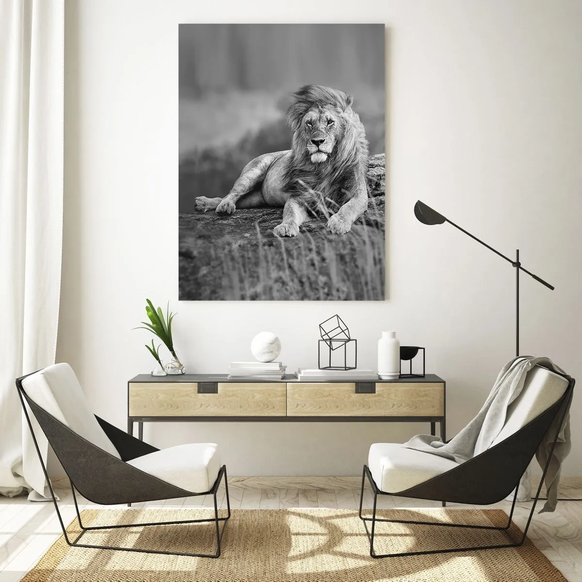 Impression sur verre - Image sur verre - Lion reposant sur un rocher dans un style monochrome - 80x120cm - Sieste royale - Décoration murale moderne pour le salon et la chambre ARTTOR