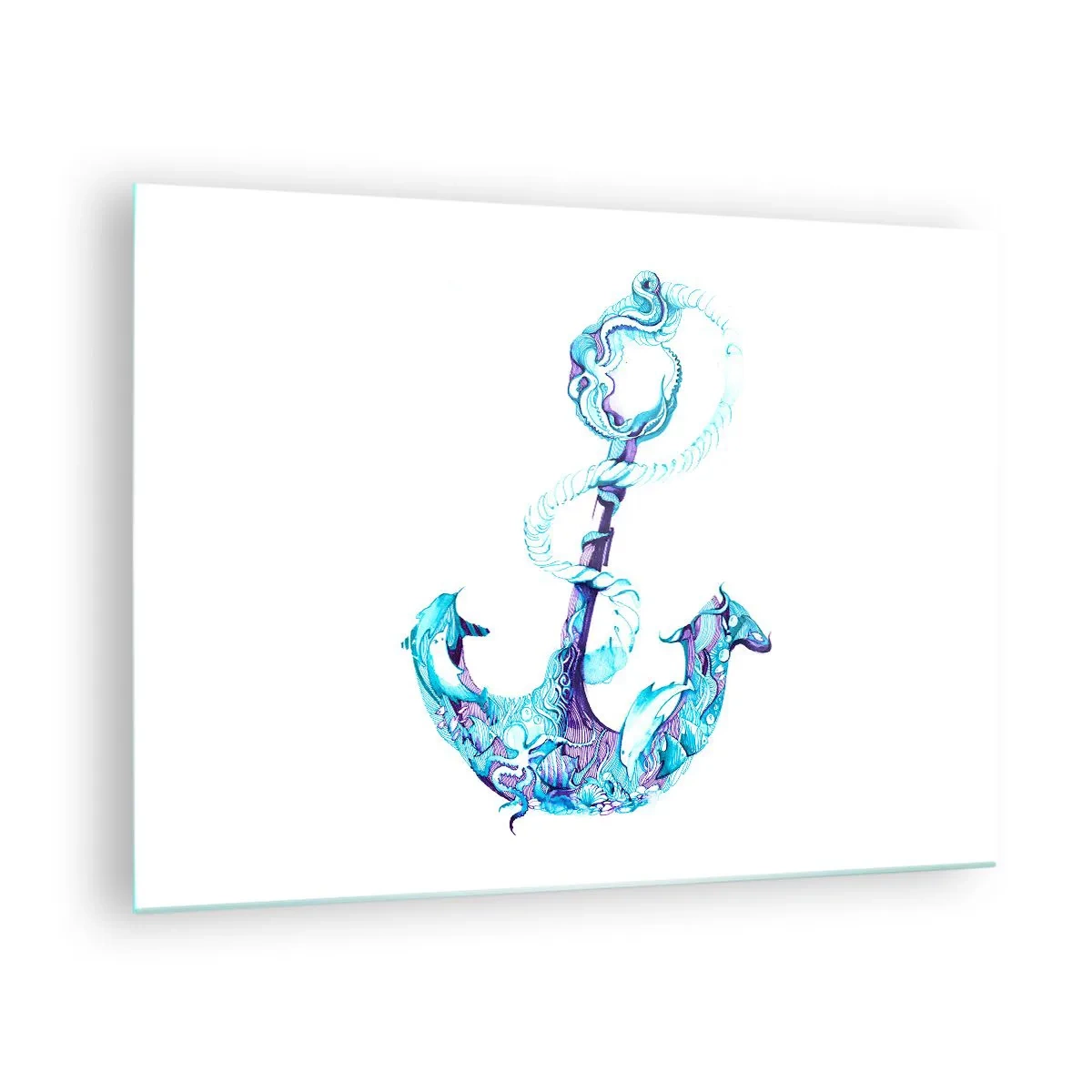 Impression sur verre - Image sur verre - Ancre avec des motifs nautiques dans un style artistique - 70x50cm - Le confident des secrets de la mer - Décoration murale moderne pour le salon et la chambre ARTTOR